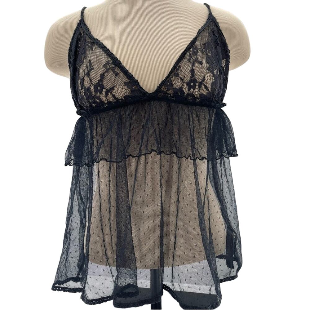 Anthropologie Lace Babydoll Sheer Mesh Tiered Black Slip Top Teddy Size Large